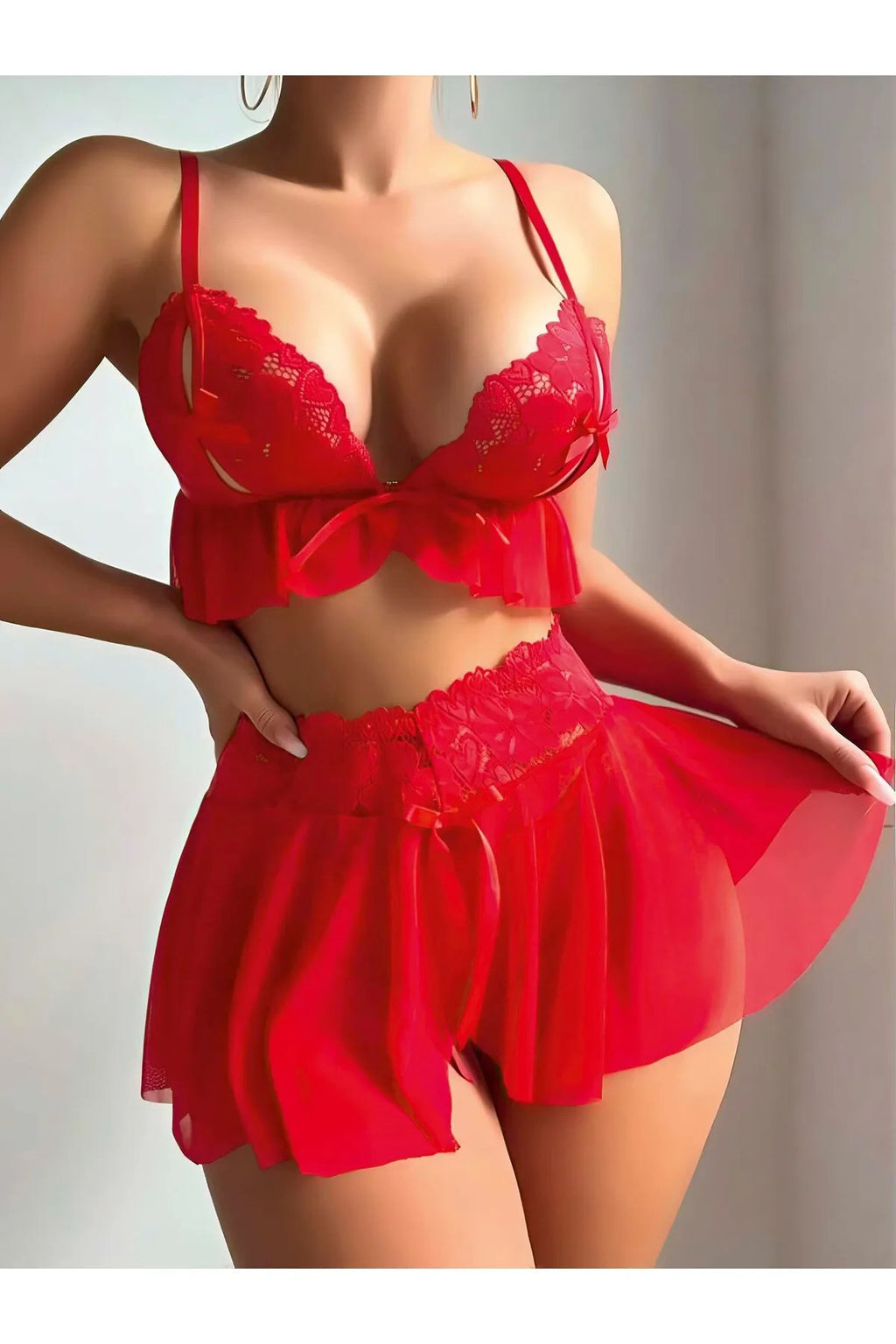 Fantazi Kostüm Kırmızı Tüllü Dantelli Fantezi Seksi Gecelik