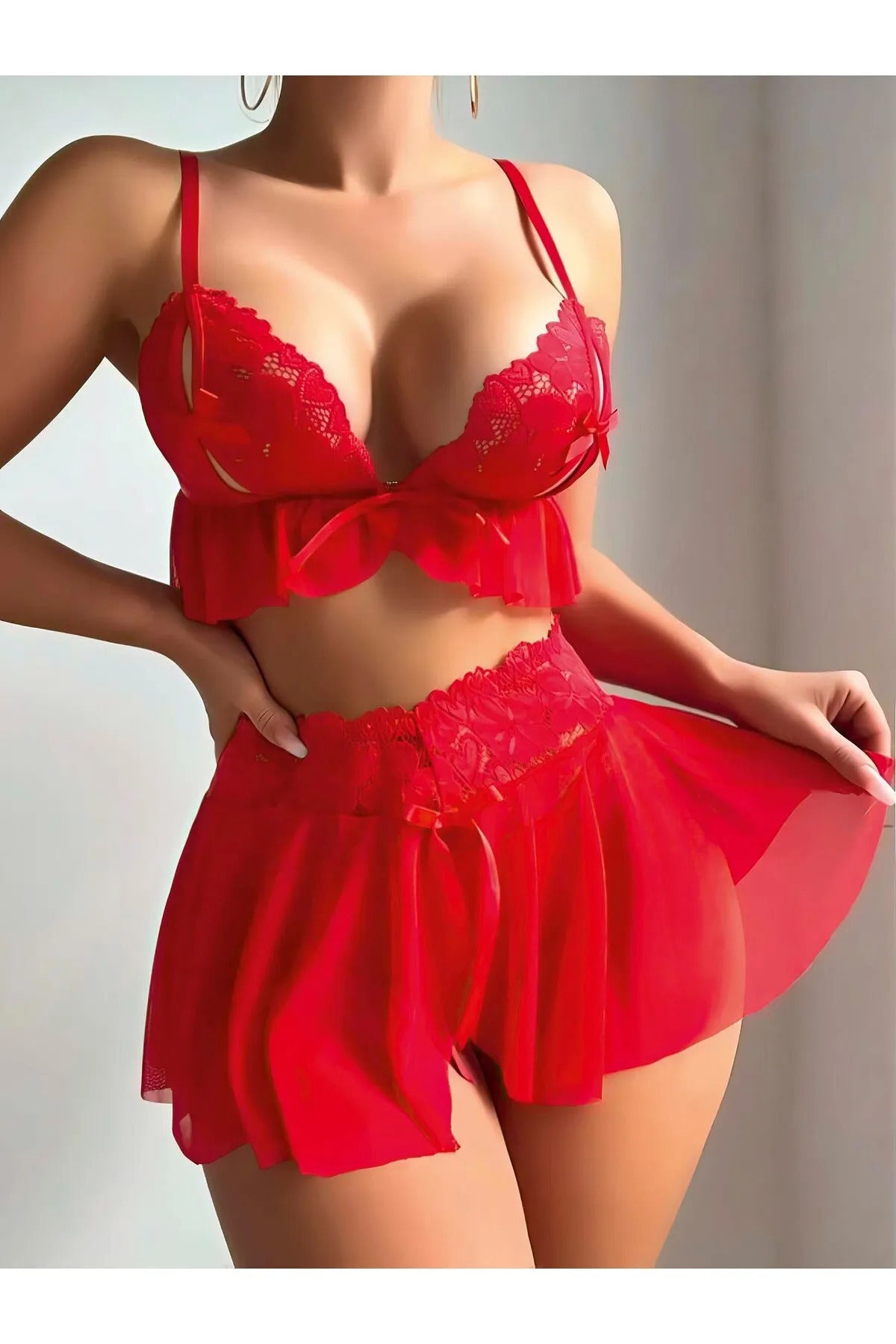 Fantazi Kostüm Kırmızı Tüllü Dantelli Fantezi Seksi Gecelik
