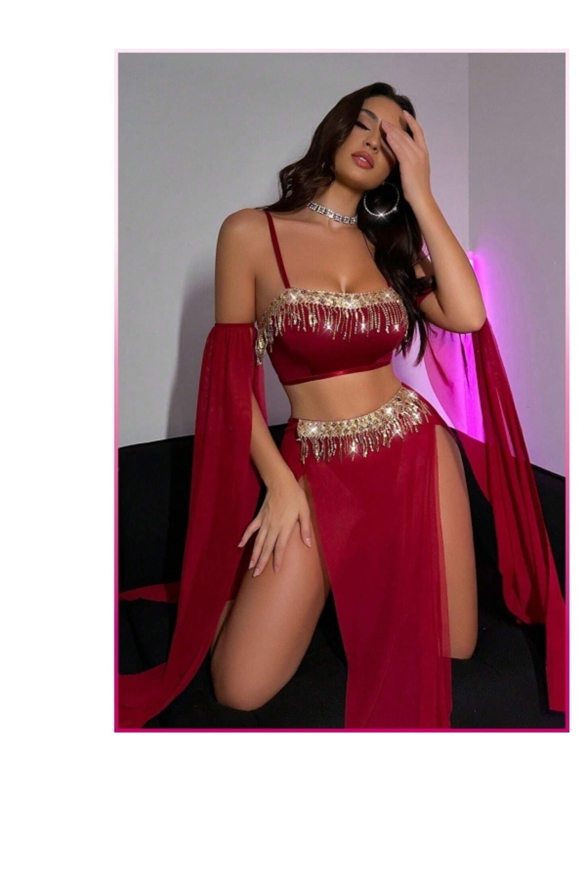 Bordo Pul Aksesuarlı Tül Etekli Kadın Seksi Gecelik