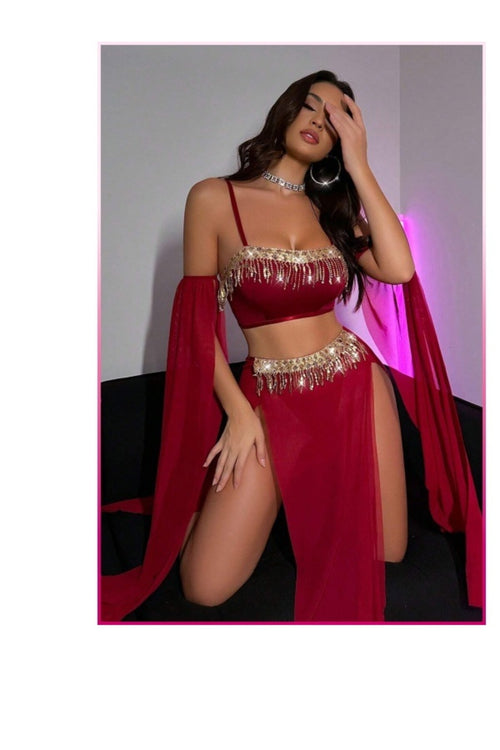 Bordo Pul Aksesuarlı Tül Etekli Kadın Seksi Gecelik