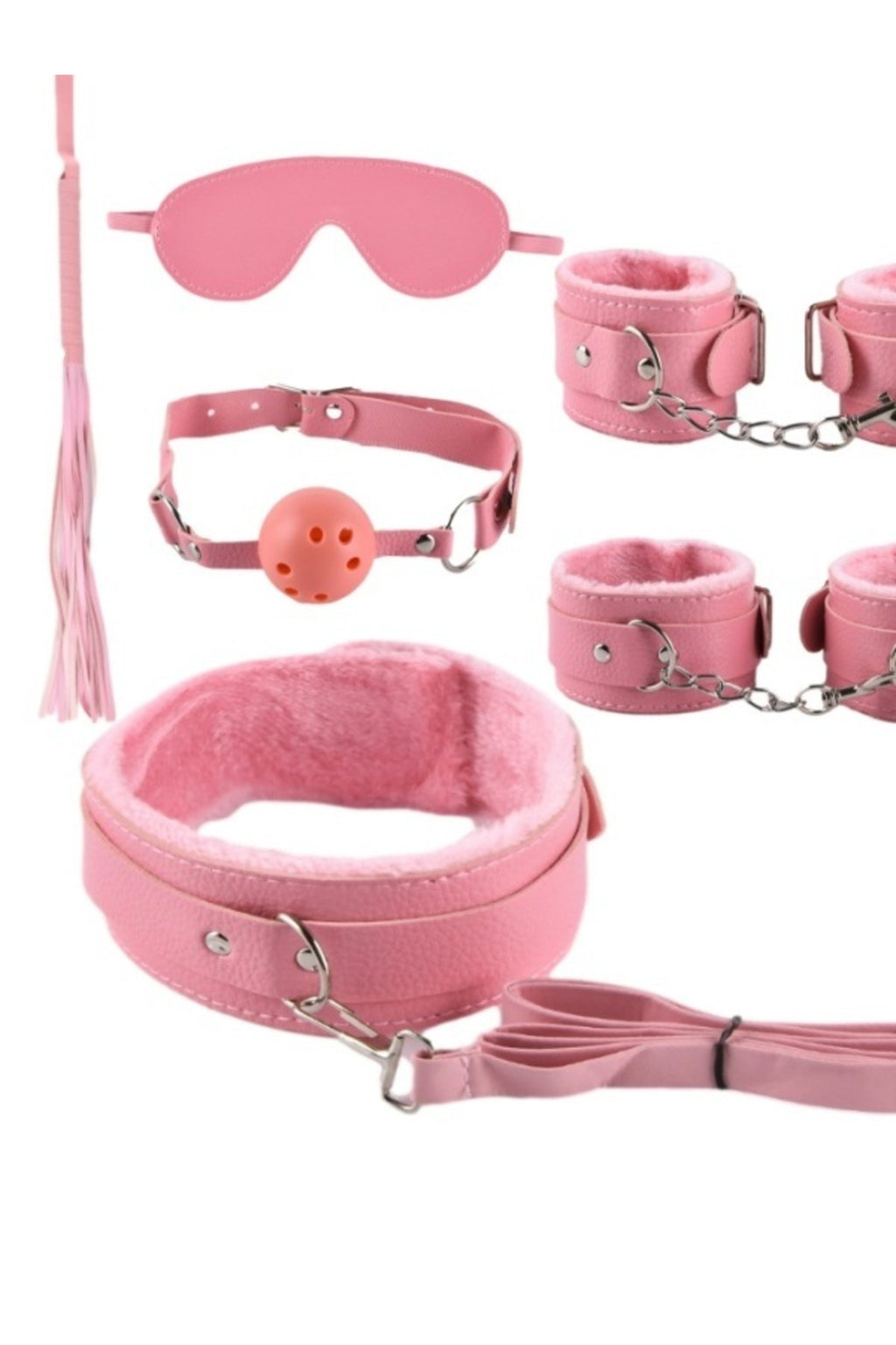 Deri Pembe Harnes Fantazi 7'li Kelepçe Kırbaç Fetiş Seti Pembe