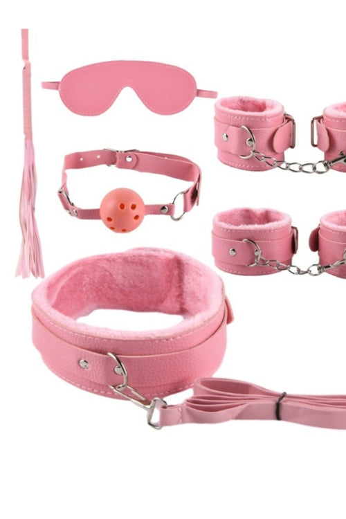 Deri Pembe Harnes Fantazi 7'li Kelepçe Kırbaç Fetiş Seti Pembe