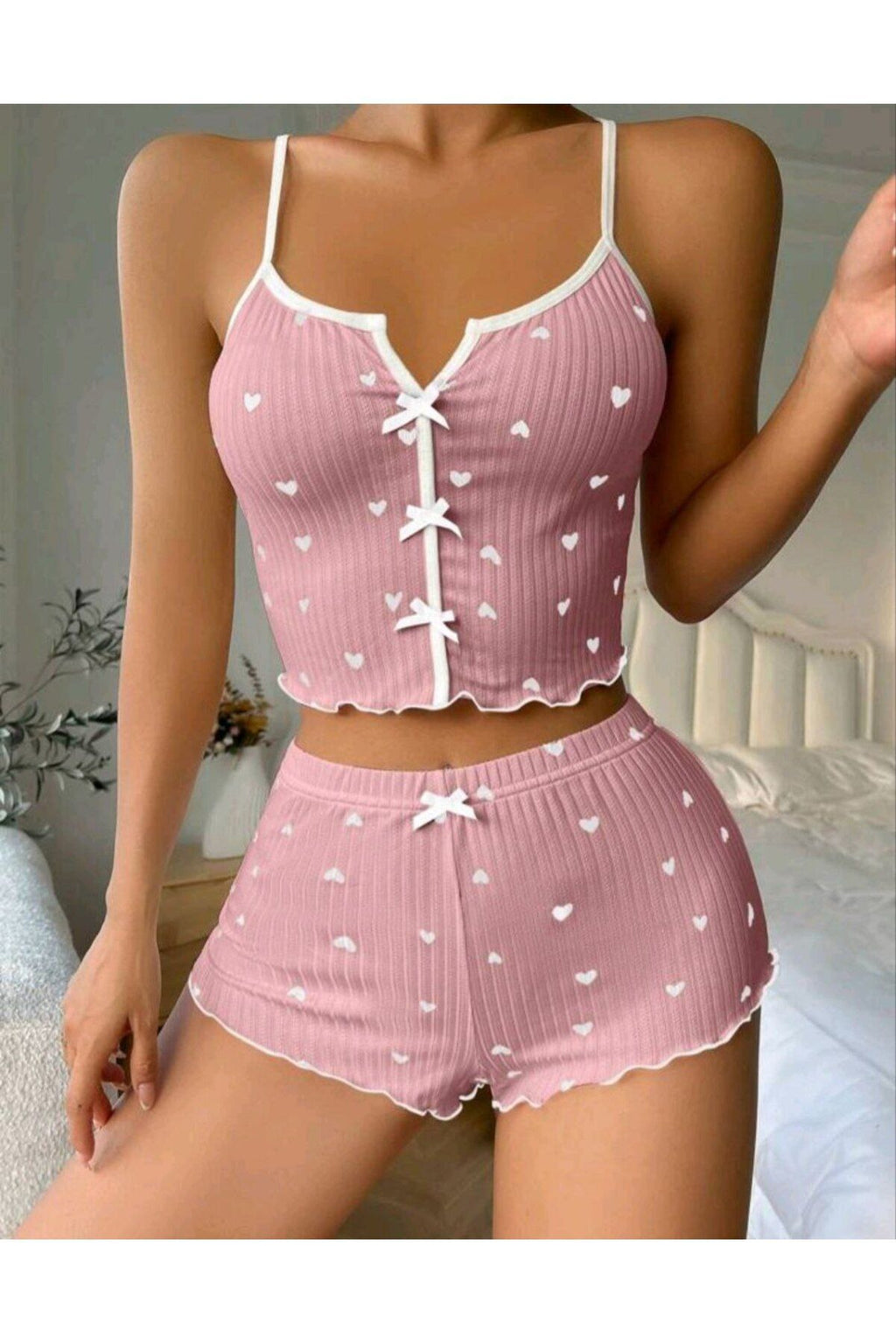 Şortlu Gecelik Takım, Kalp Desenli Kadın Gecelik,seksi Şortlu Takım,fantazi Gecelik
