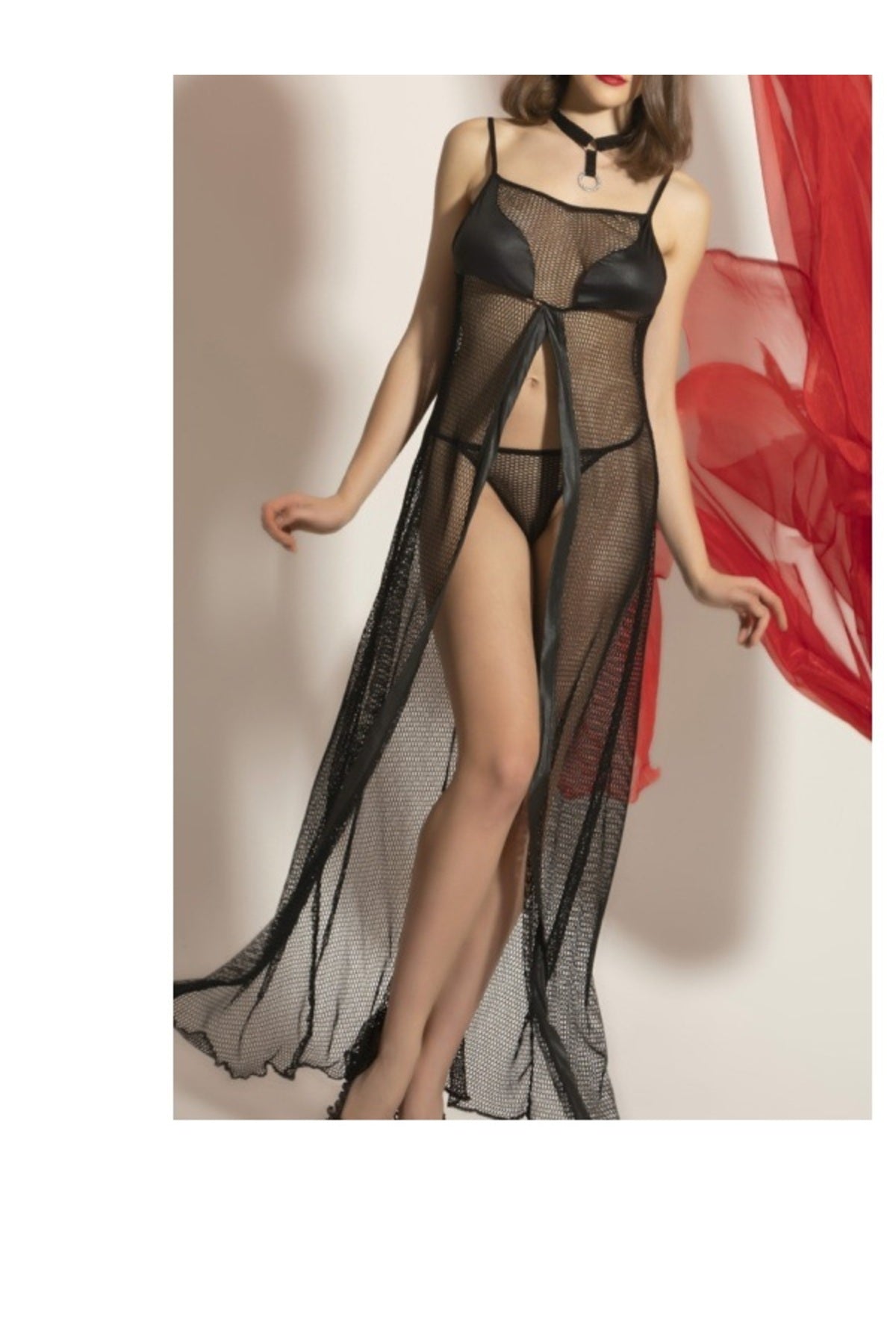 Transparan Fileli Uzun Babydoll Takım,Dantel Detaylı Gecelik,Tanga,Boyunluk 3'lü Set