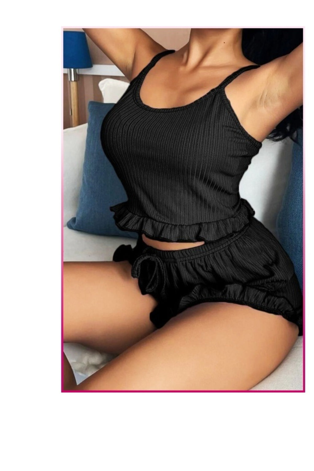 Siyah Mini Arkası Çapraz İpli Şortlu PijamaTakımı