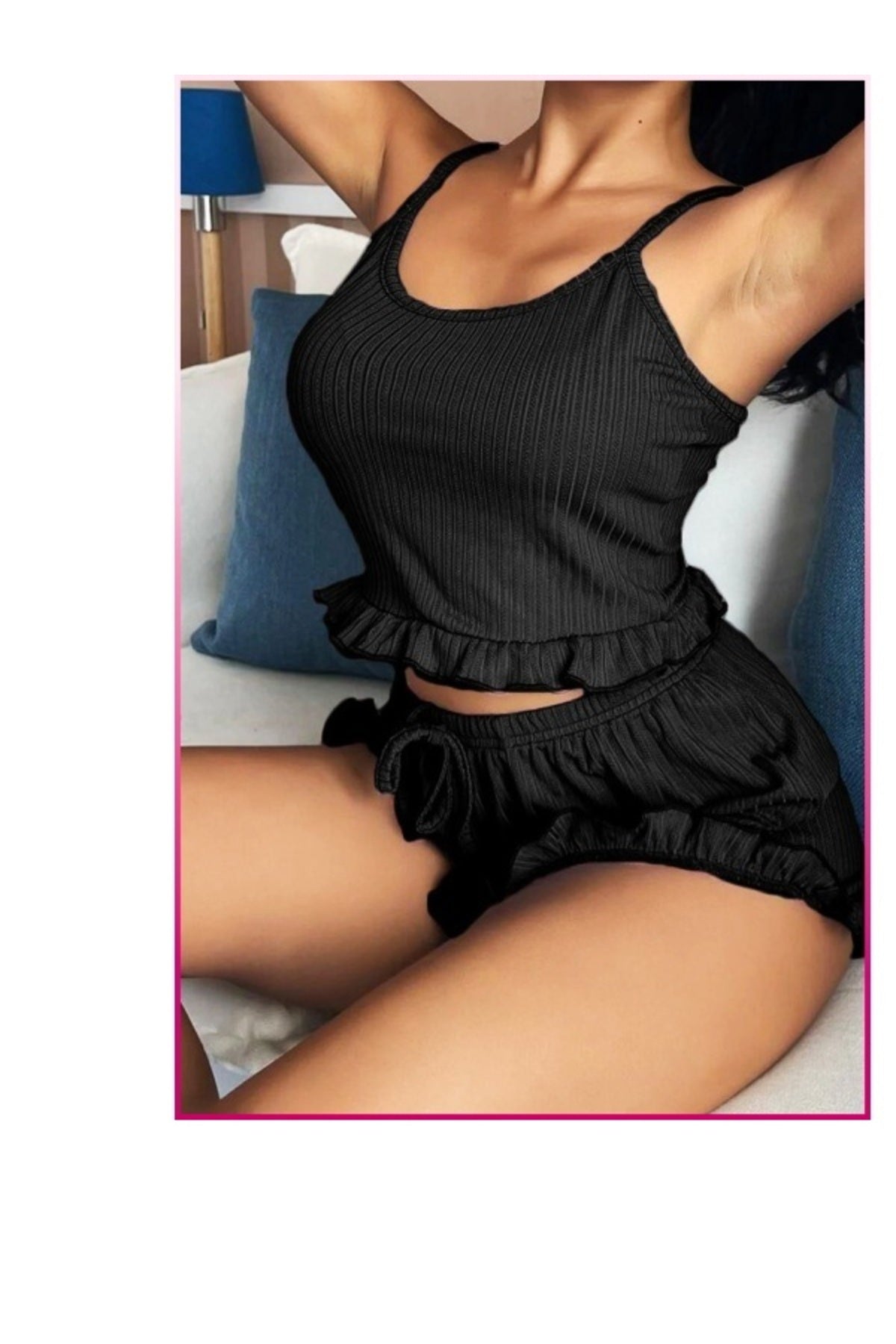 Siyah Mini Arkası Çapraz İpli Şortlu PijamaTakımı