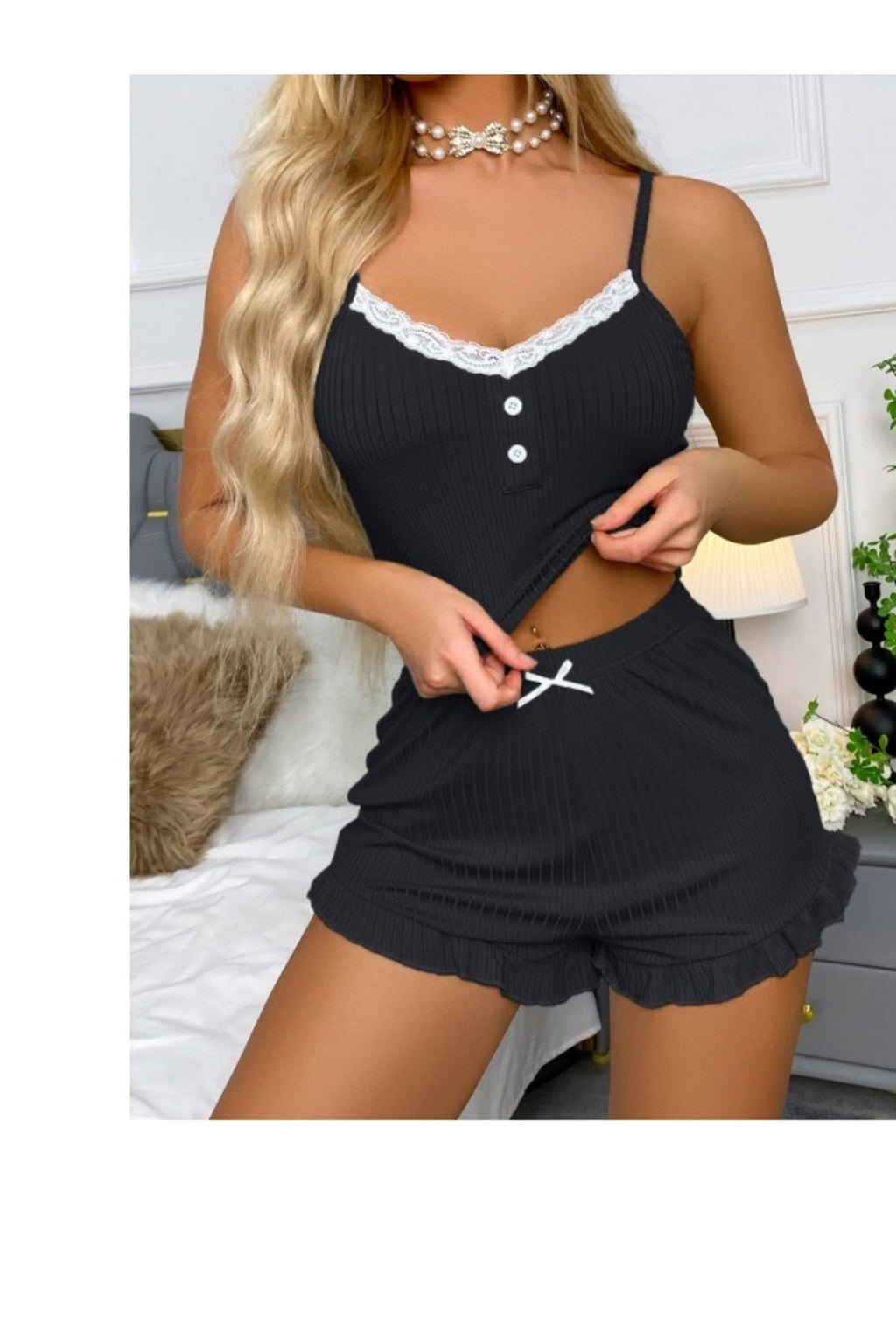 Siyah Likralı Düğmeli Yumuşacık 2Lİ Pijama Takımı