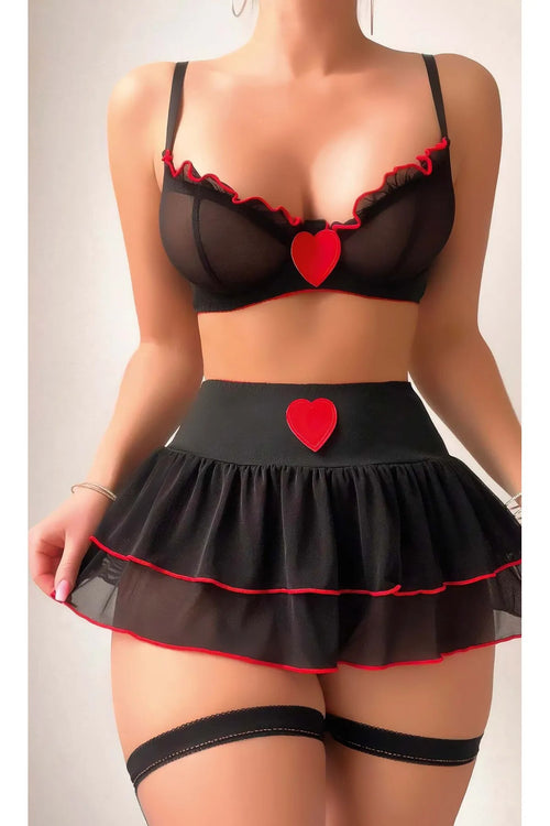 Fantazi Kostüm,kadın Seksi 3 Parça Jartiyer Takım Kadın Siyah Dantelli Fantazi Kostüm