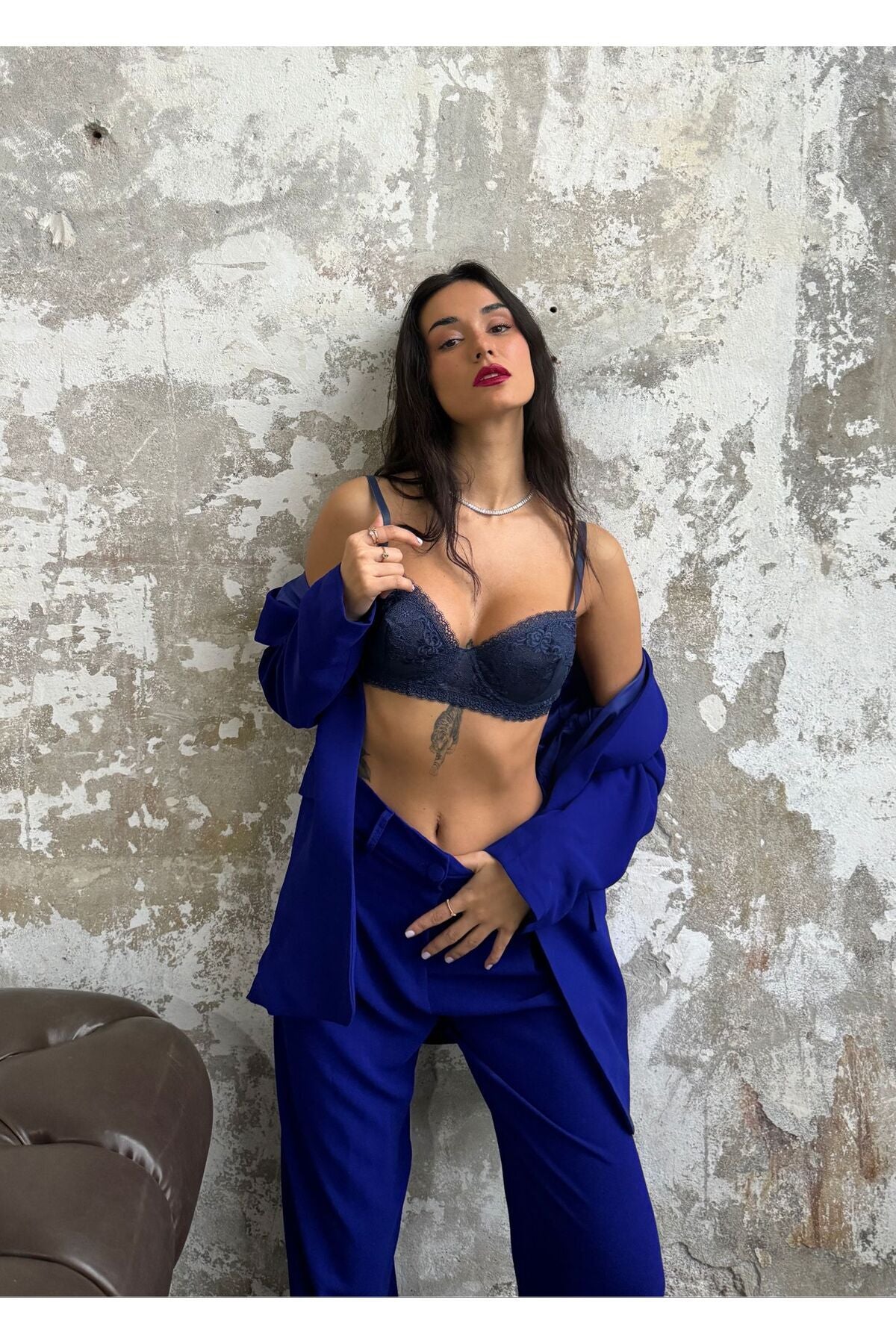Sexy Dantelli Çiçekli Lacivert Dantelli Sütyen Külot Lacivert