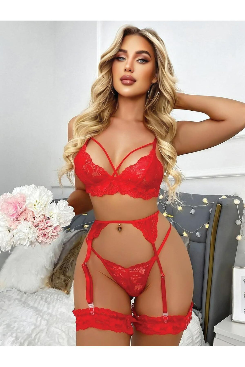 SHEY - Ateş Kırmızı Sexy Dantelli Fantezi Jartiyer