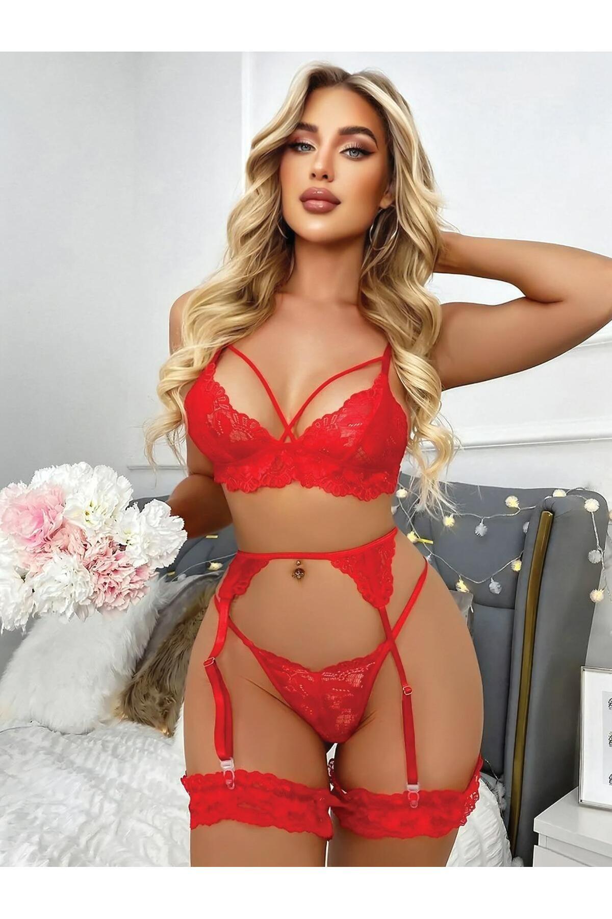 SHEY - Ateş Kırmızı Sexy Dantelli Fantezi Jartiyer