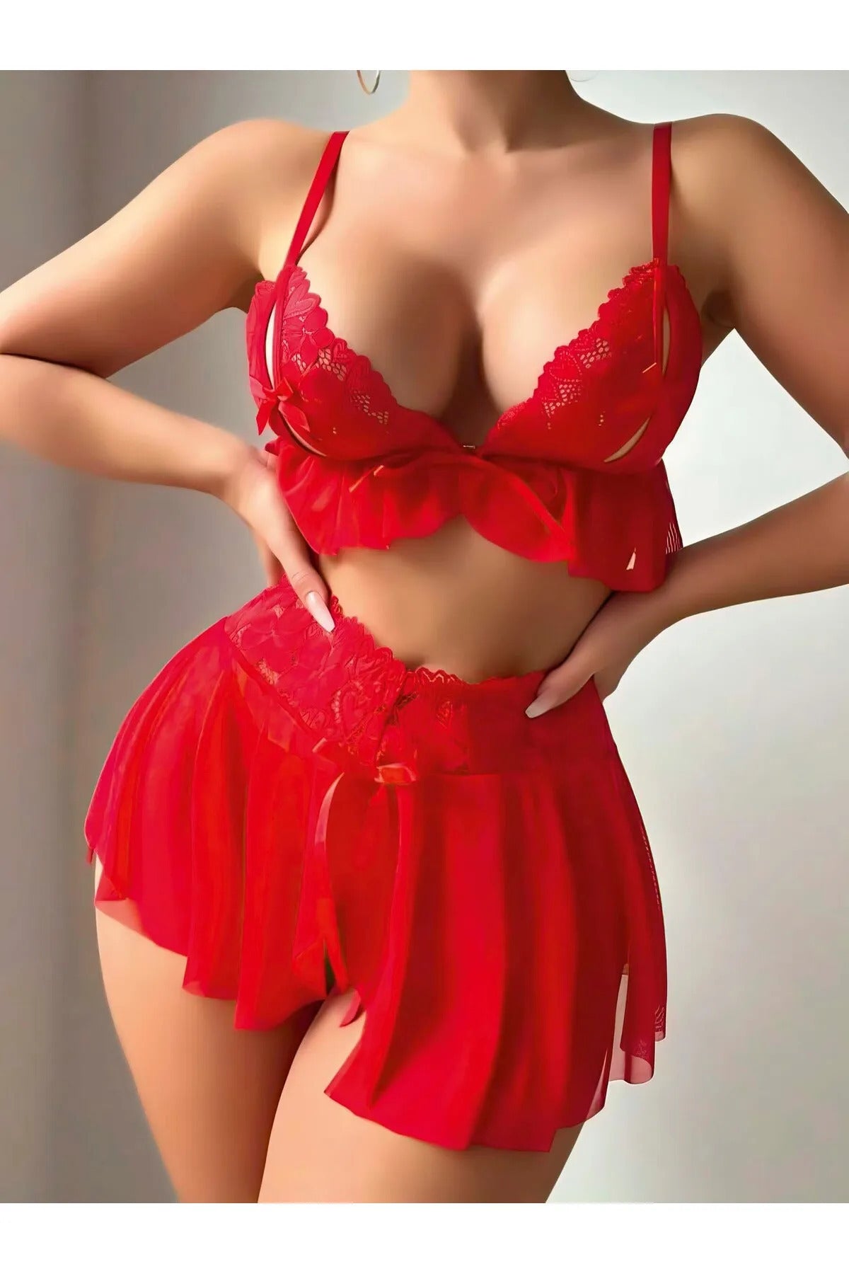 Fantazi Kostüm Kırmızı Tüllü Dantelli Fantezi Seksi Gecelik Kırmızı