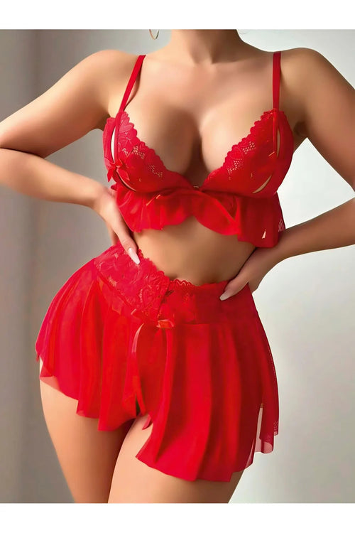 Fantazi Kostüm Kırmızı Tüllü Dantelli Fantezi Seksi Gecelik Kırmızı