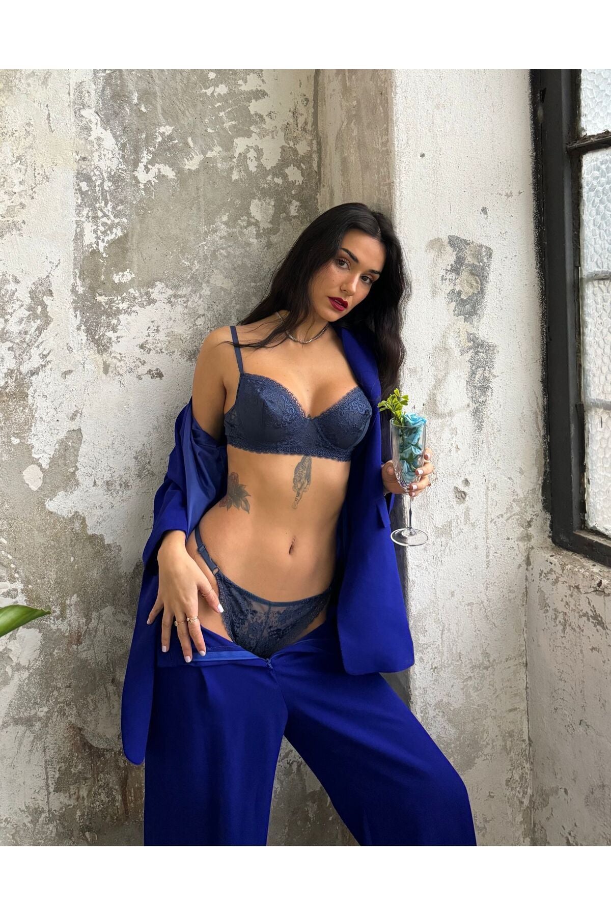 Sexy Dantelli Çiçekli Lacivert Dantelli Sütyen Külot