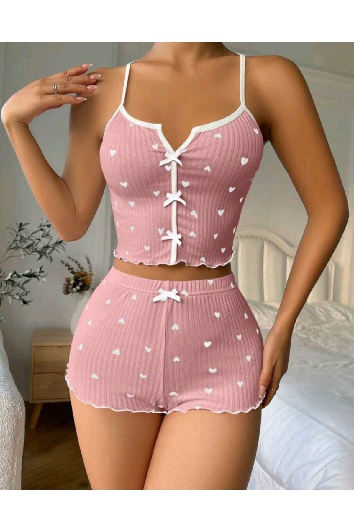 Şortlu Gecelik Takım, Kalp Desenli Kadın Gecelik,seksi Şortlu Takım,fantazi Gecelik