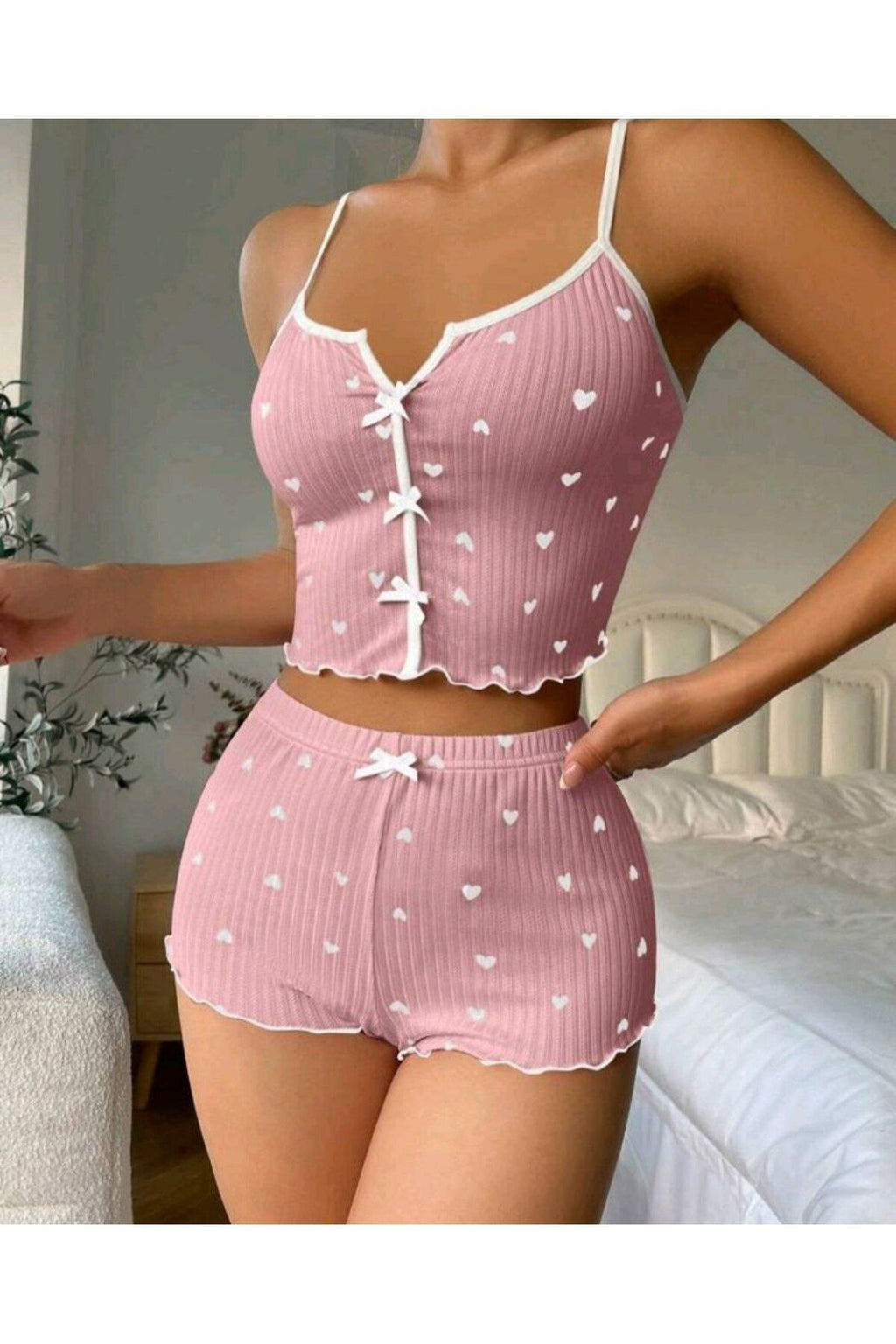 Şortlu Gecelik Takım, Kalp Desenli Kadın Gecelik,seksi Şortlu Takım,fantazi Gecelik pembe