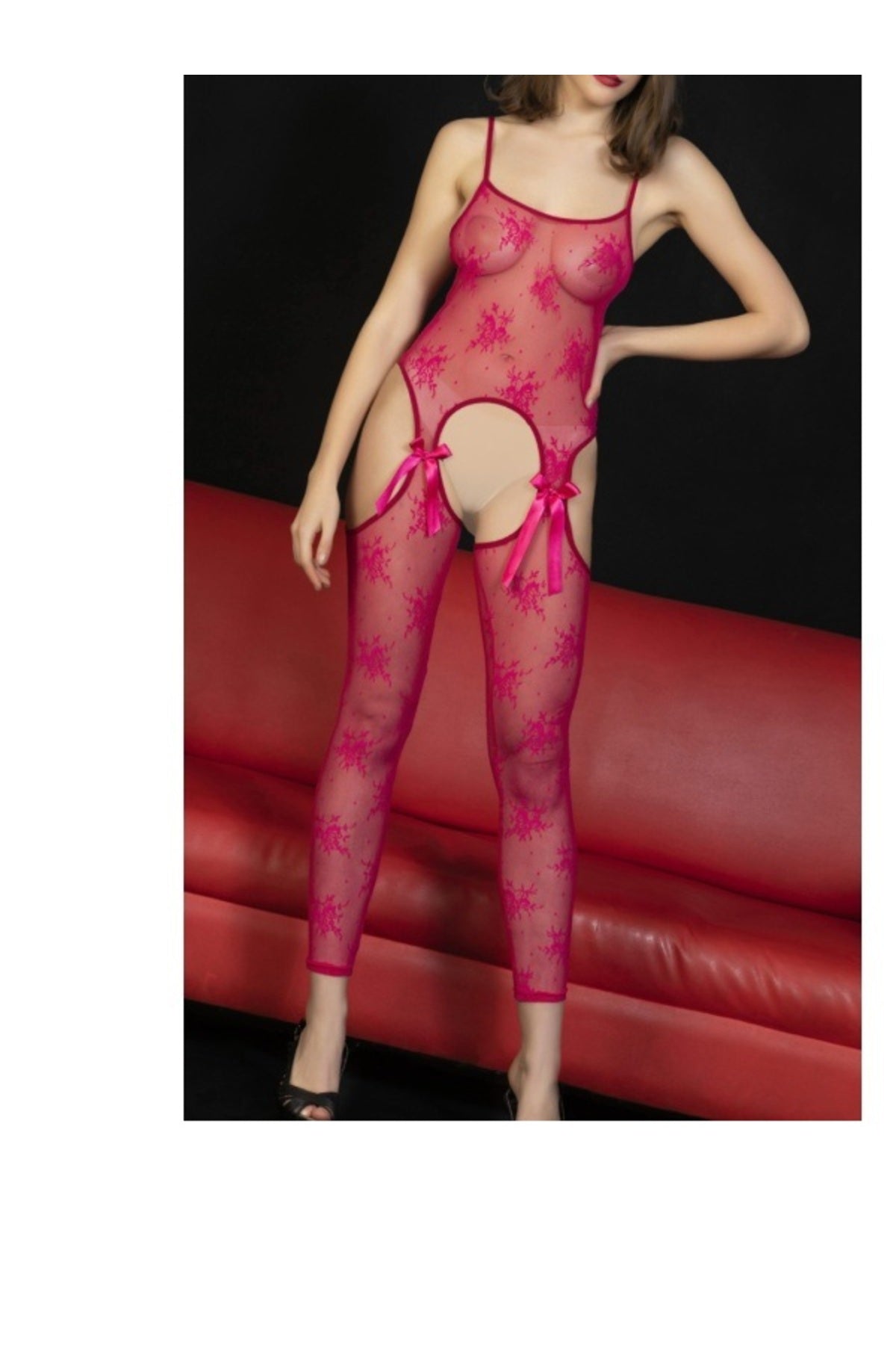 Pembe Dantel Transparan Tulum,Seksi Vücut Çorabı,Transparan Kasık Detaylı Bodystocking Pembe