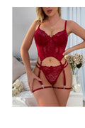 Bordo Babydoll İç Giyim Seti Bustiyer ,Külot , Bacak Bantları Bordo
