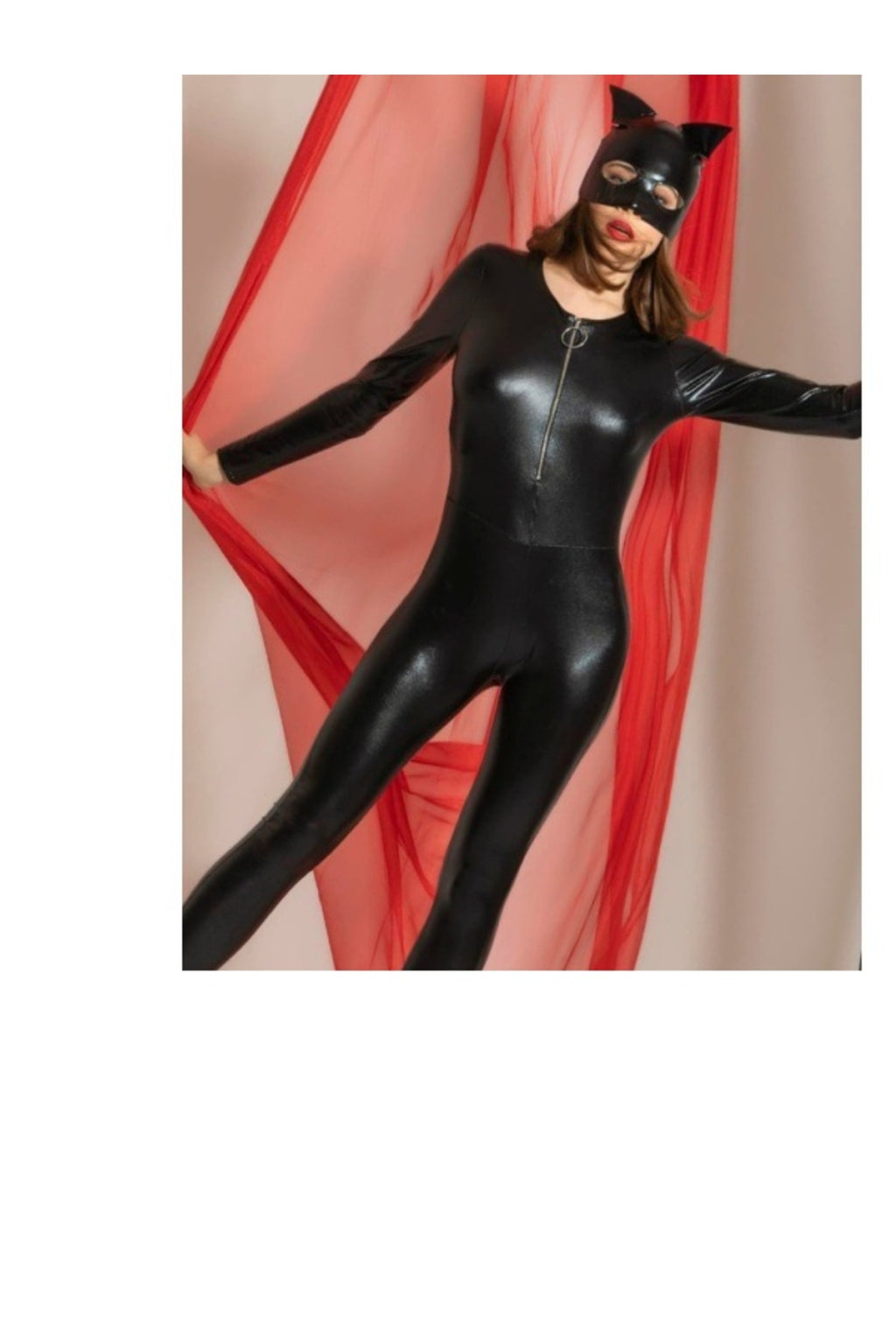 Deri Görünümlü Kedi Kadın Kostümü Fantazi Catsuit Kostüm-Sexy Cosplay -Kadın Siyah Tulum