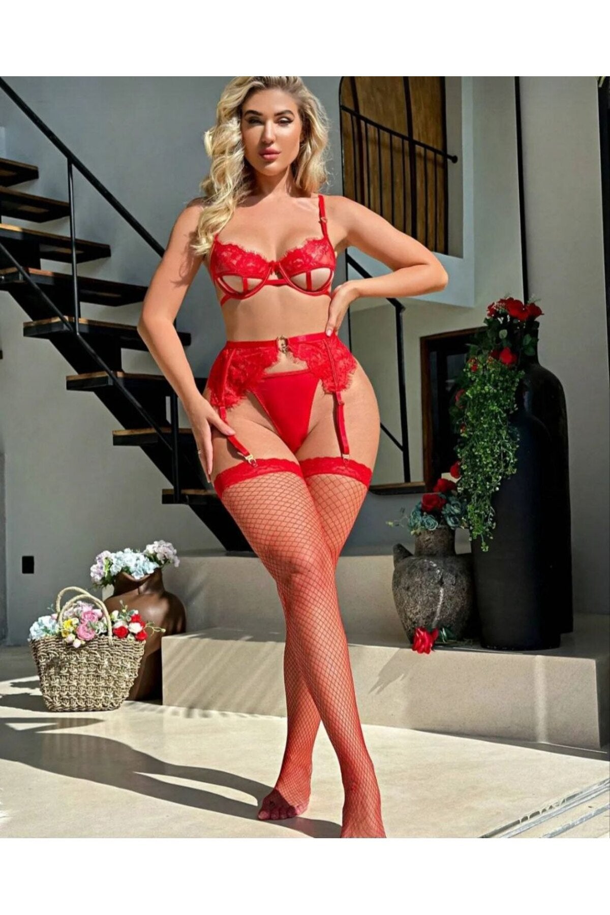 Jartiyer Fantazi Kırmızı Takım,kadın Gecelik, Seksi Midye Gecelik Kostüm,erotik Takım,seksi Geelik