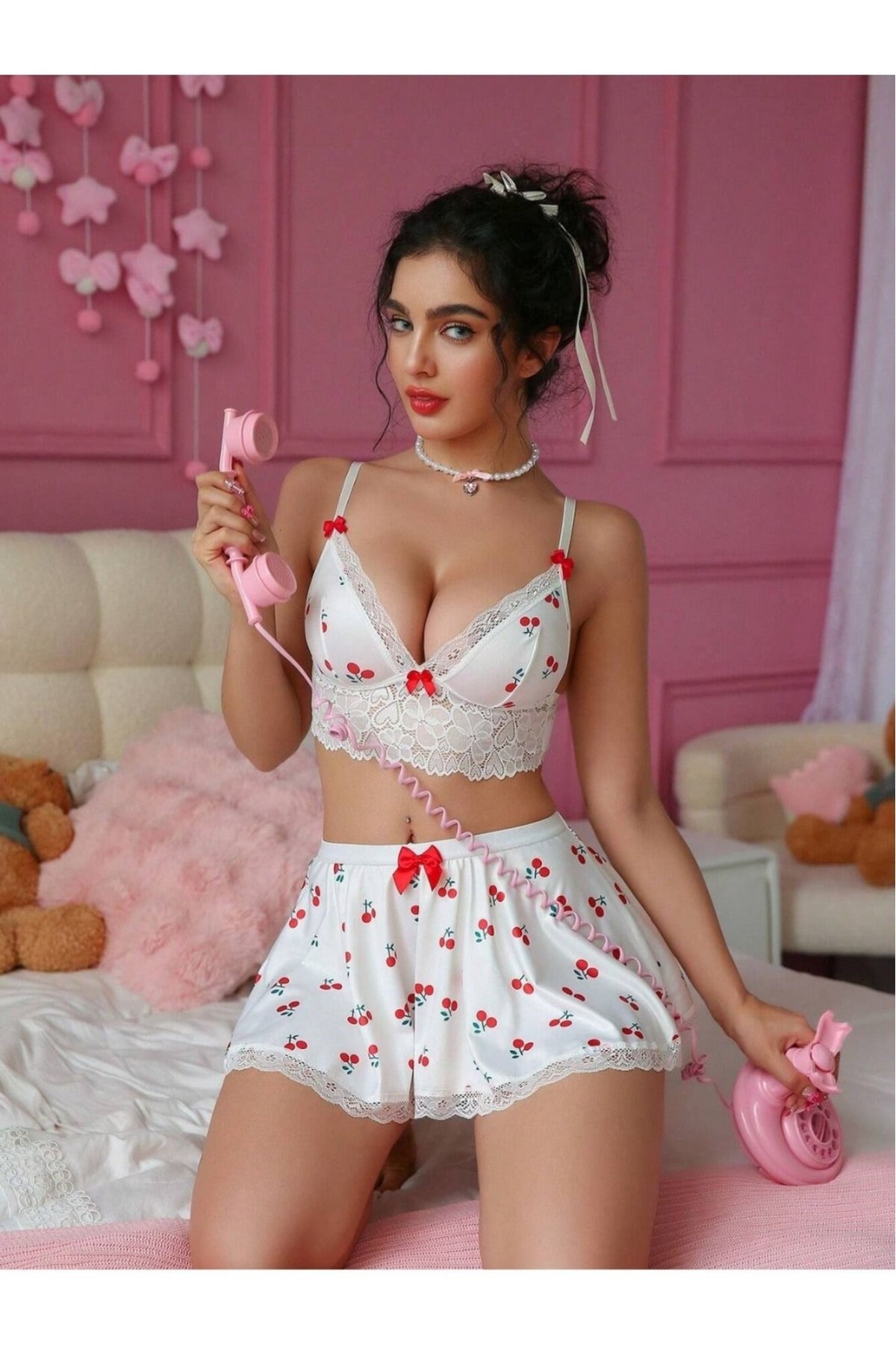 KİRAZ DESENLİ SEXY FANTEZİ GECELİK TAKIM