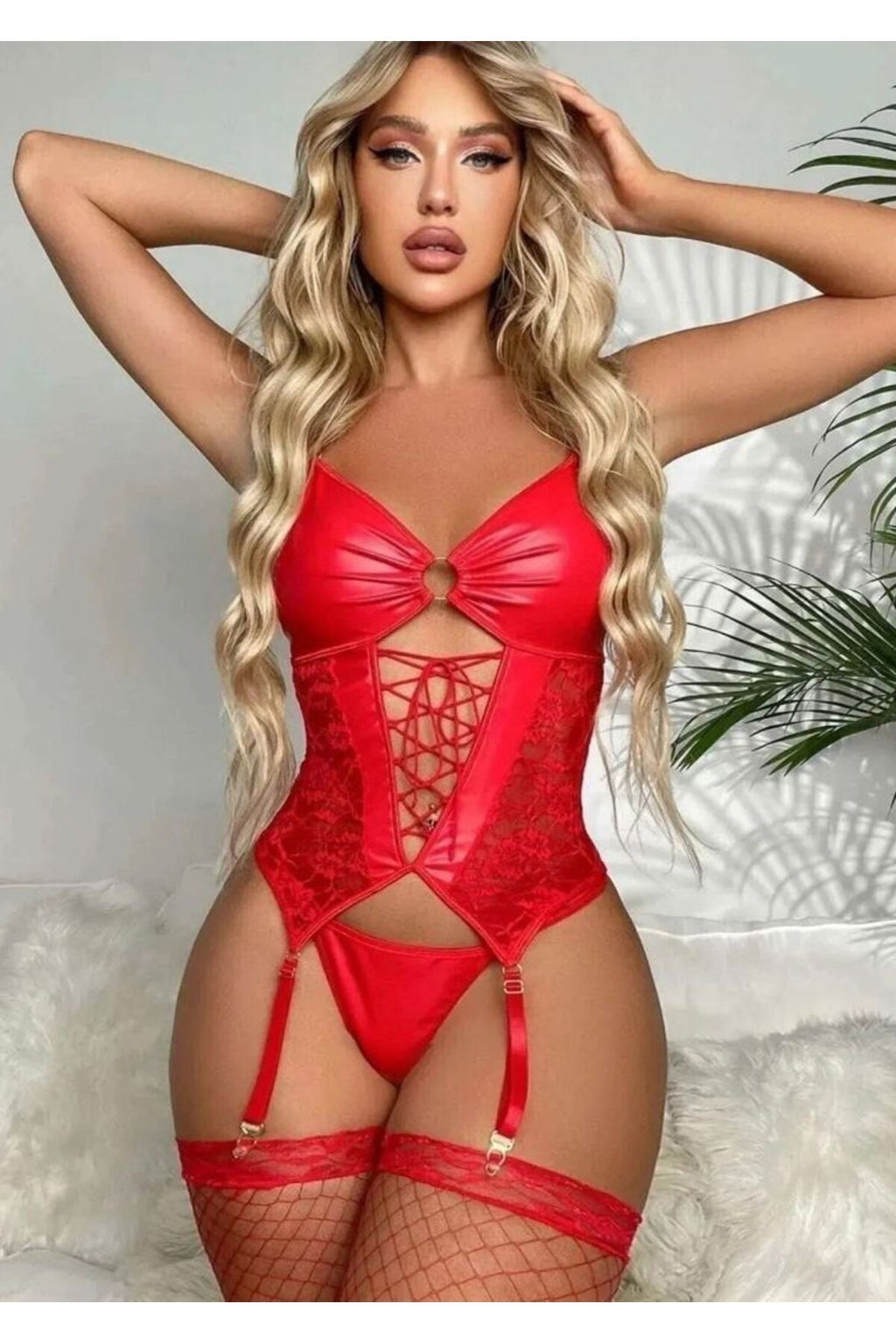 Sexy Bel Bağlamalı Kırmızı Deri Fantezi Jartiyer Kırmızı