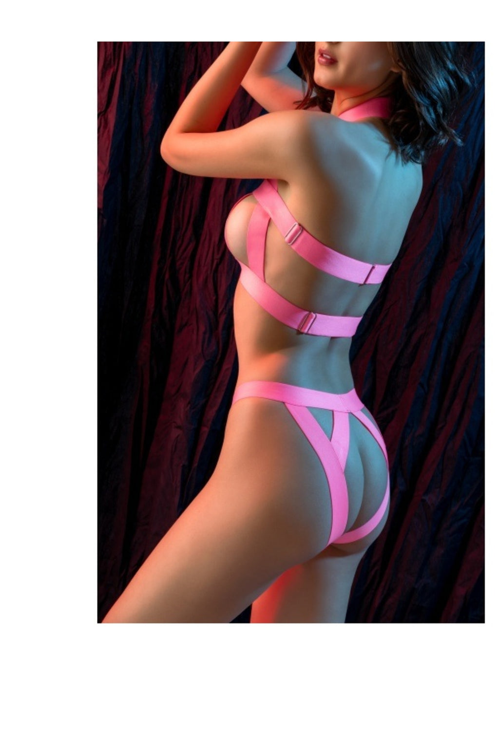 Kadın Fantazi Seksi Pembe Bant Detaylı İç Giyim Takımı, Fetiş Tarz İki Parça Transparan Set