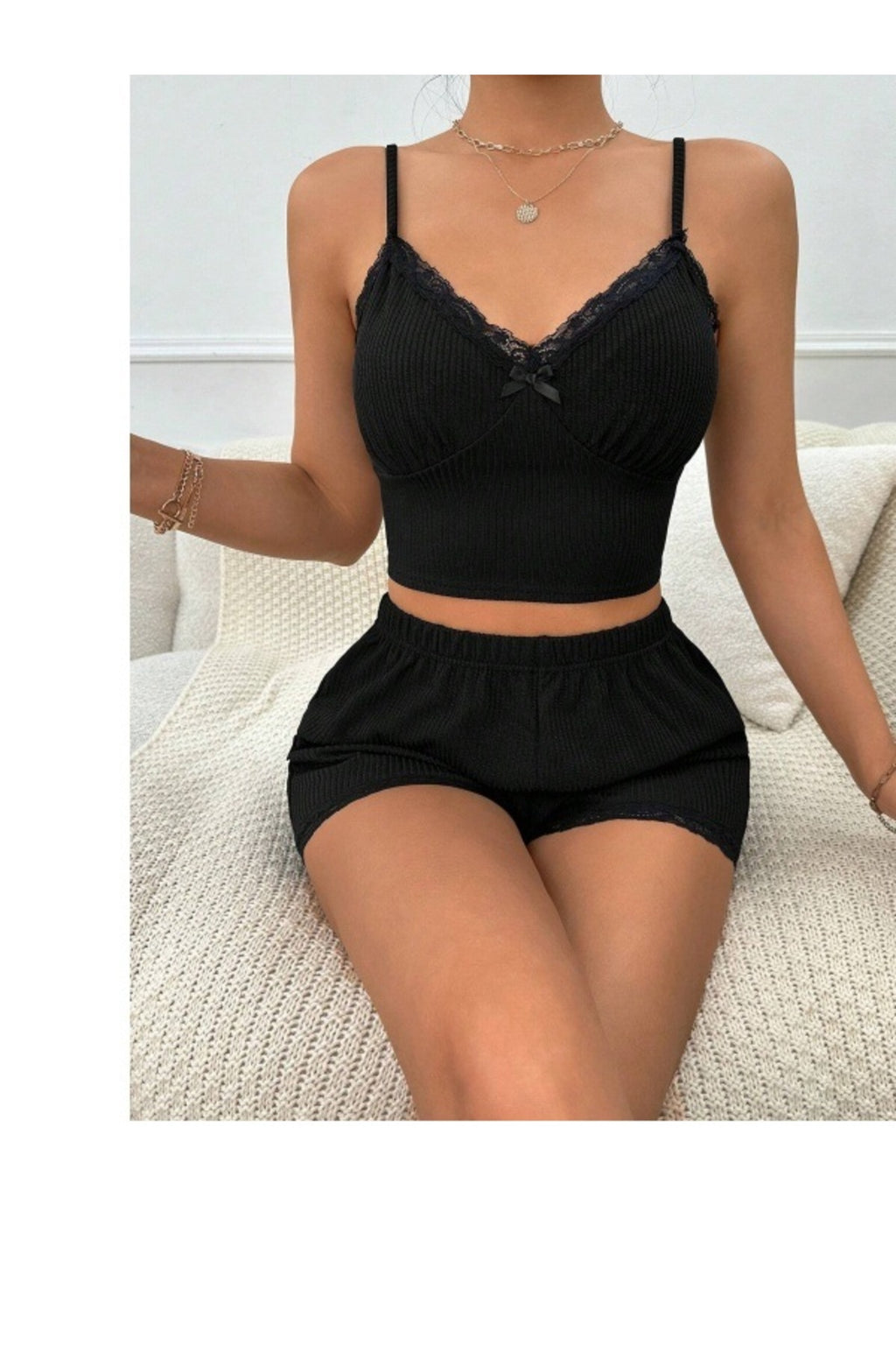 Siyah Fiyonk Detaylı Şortlu Pijama Takımı2li Siyah