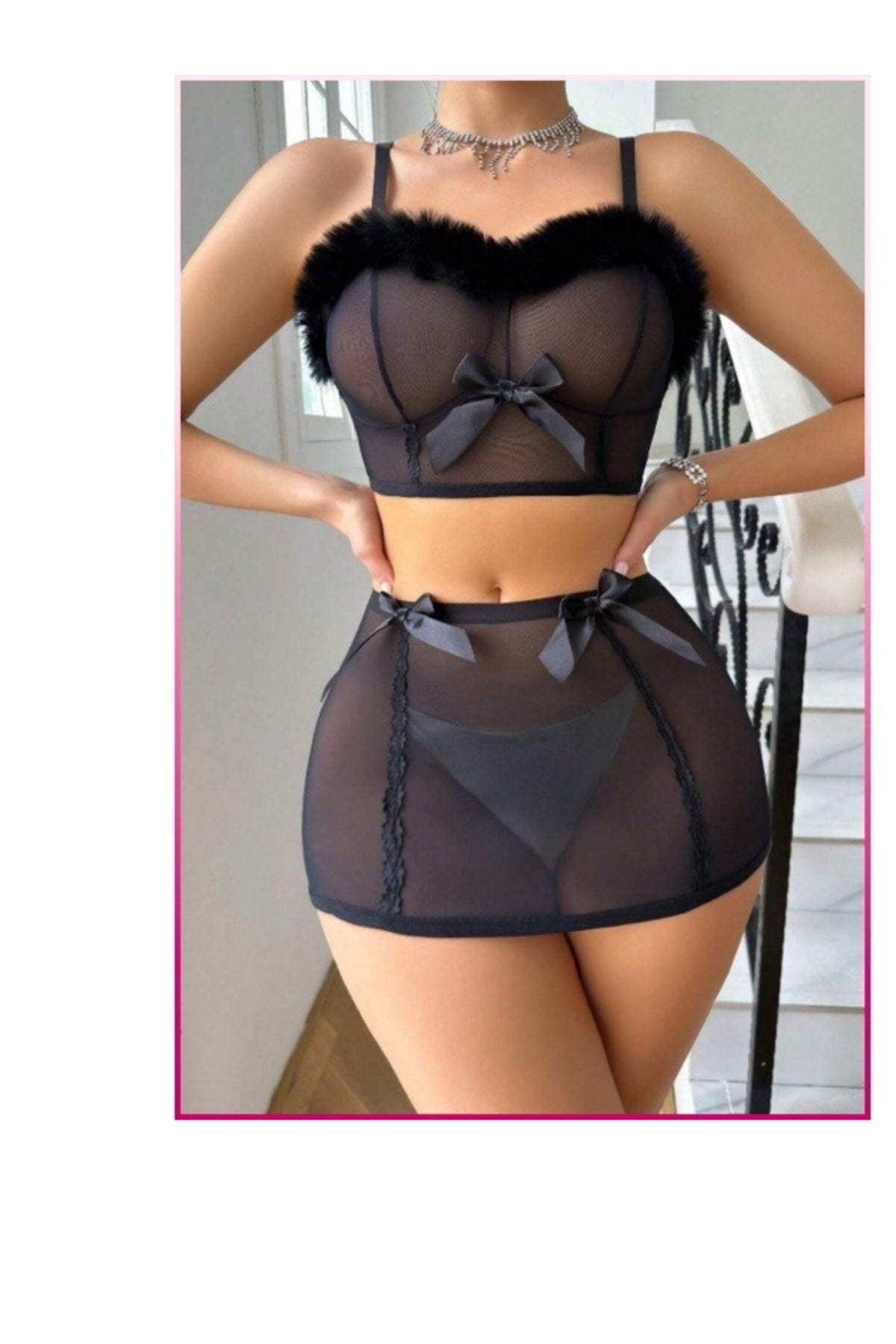 Siyah Tül Kurdele Detaylı Seksi İç Giyim Seti Siyah