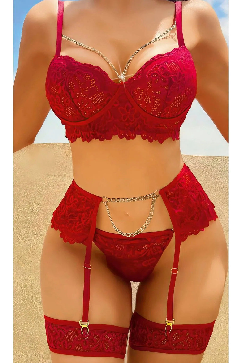 Fantazi Jartiyer Dantelli Gecelik Takım Kırmızı İç Giyim Seksi Jartiyer Kırmızı
