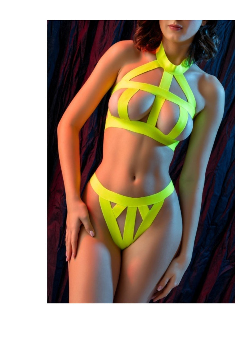 Kadın Fantazi Seksi Neon Sarı Bant Detaylı İç Giyim Takımı, Fetiş Tarz İki Parça Transparan Set Yeşil