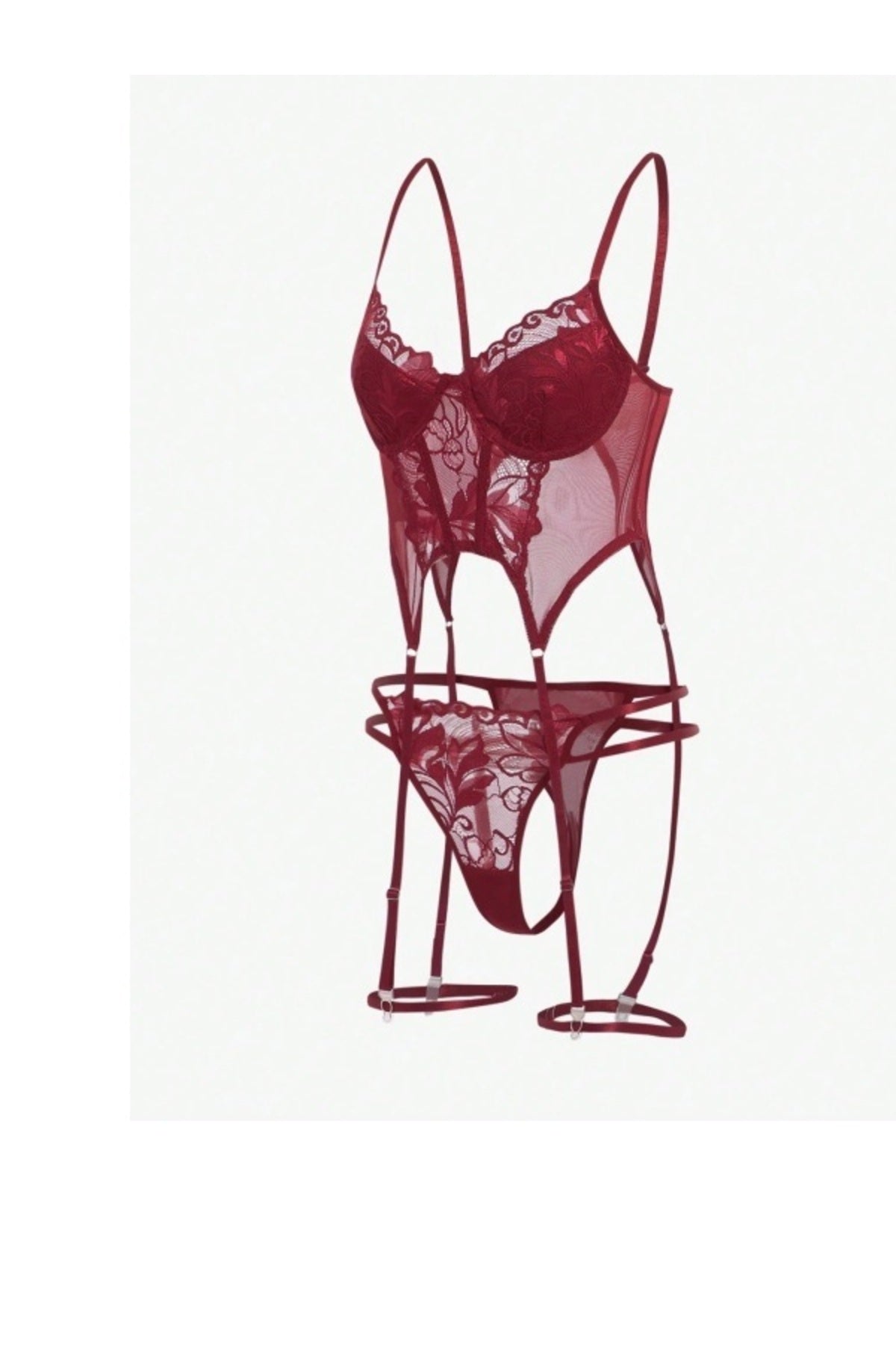 Bordo Babydoll İç Giyim Seti Bustiyer ,Külot , Bacak Bantları