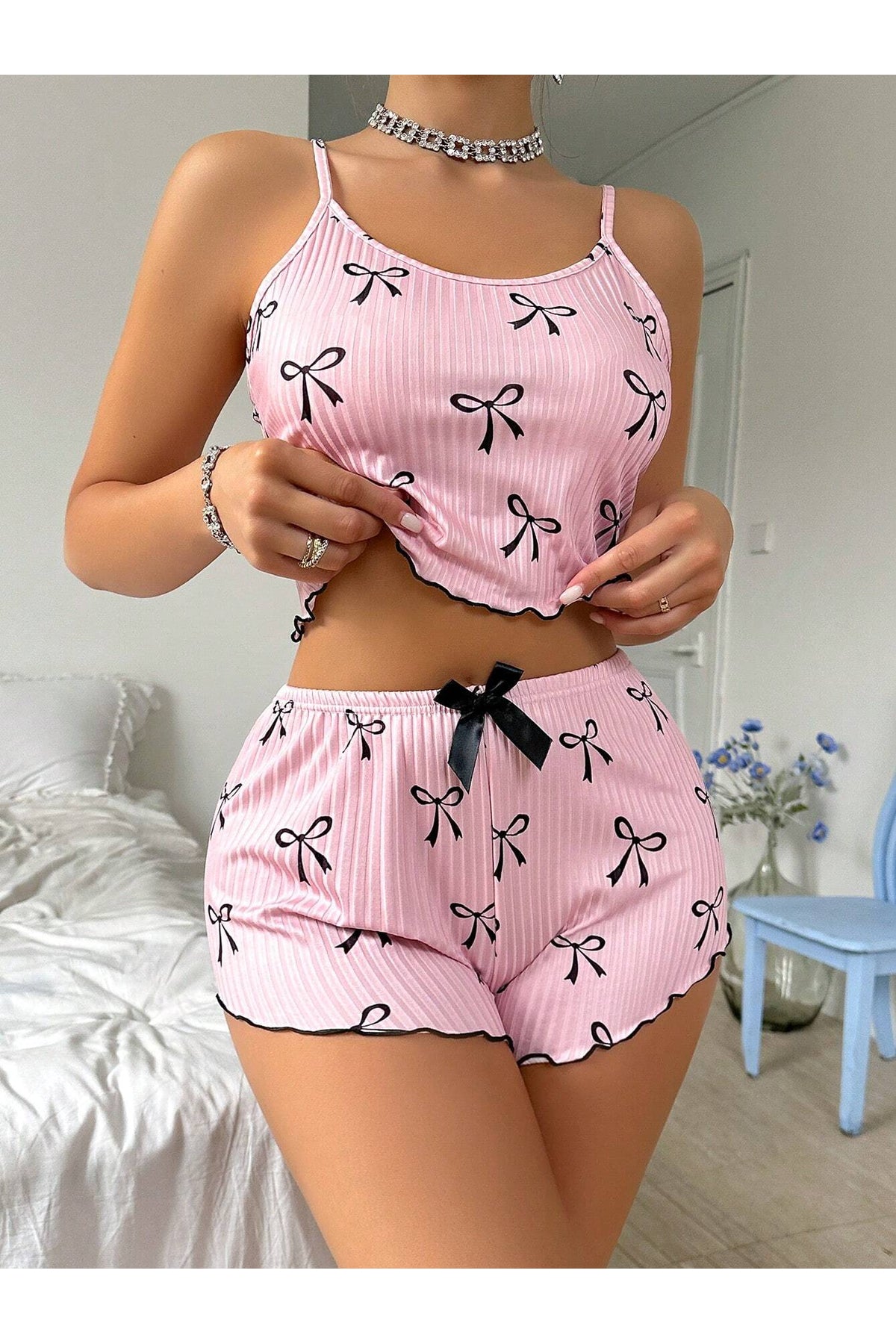 Şortlu Takım Siyah Kalp Desenli Seksi Gecelik Takım Fantezi İç Giyim Pembe