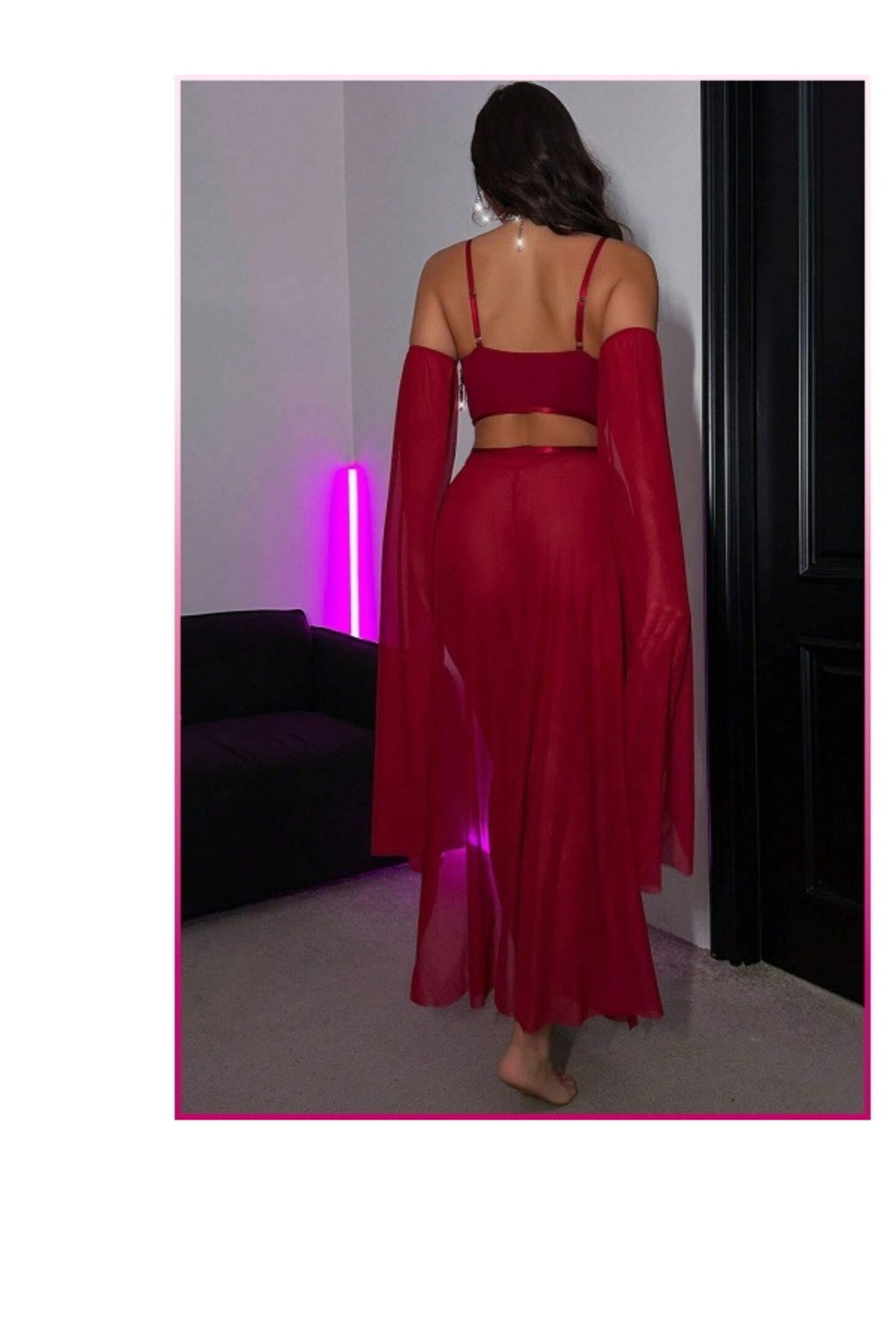 Bordo Pul Aksesuarlı Tül Etekli Kadın Seksi Gecelik