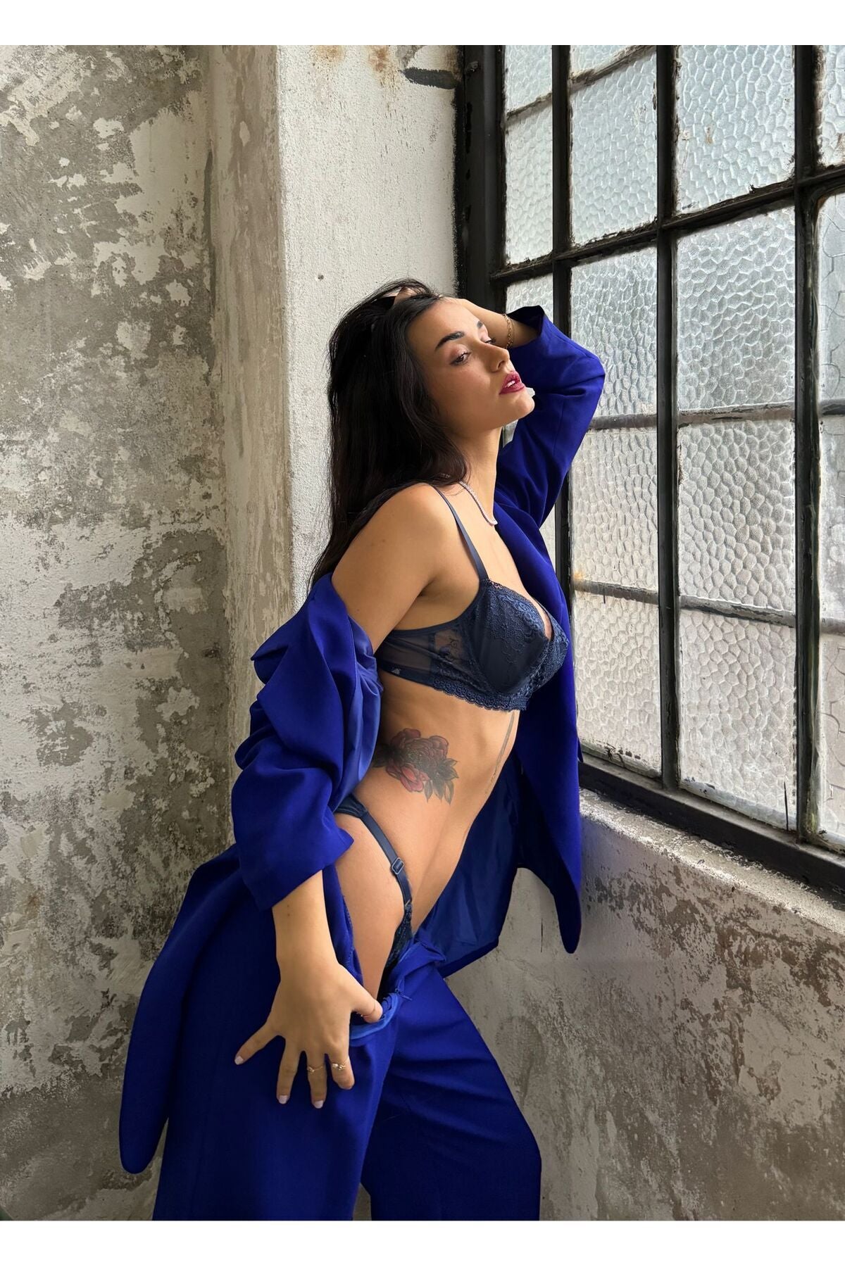 Sexy Dantelli Çiçekli Lacivert Dantelli Sütyen Külot