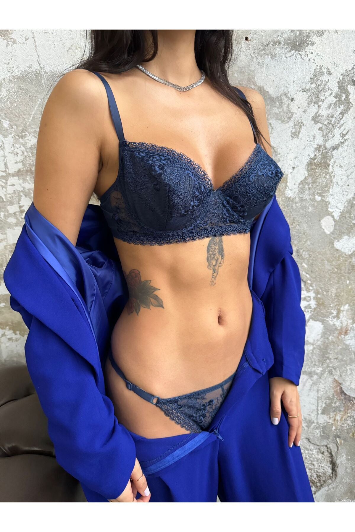 Sexy Dantelli Çiçekli Lacivert Dantelli Sütyen Külot