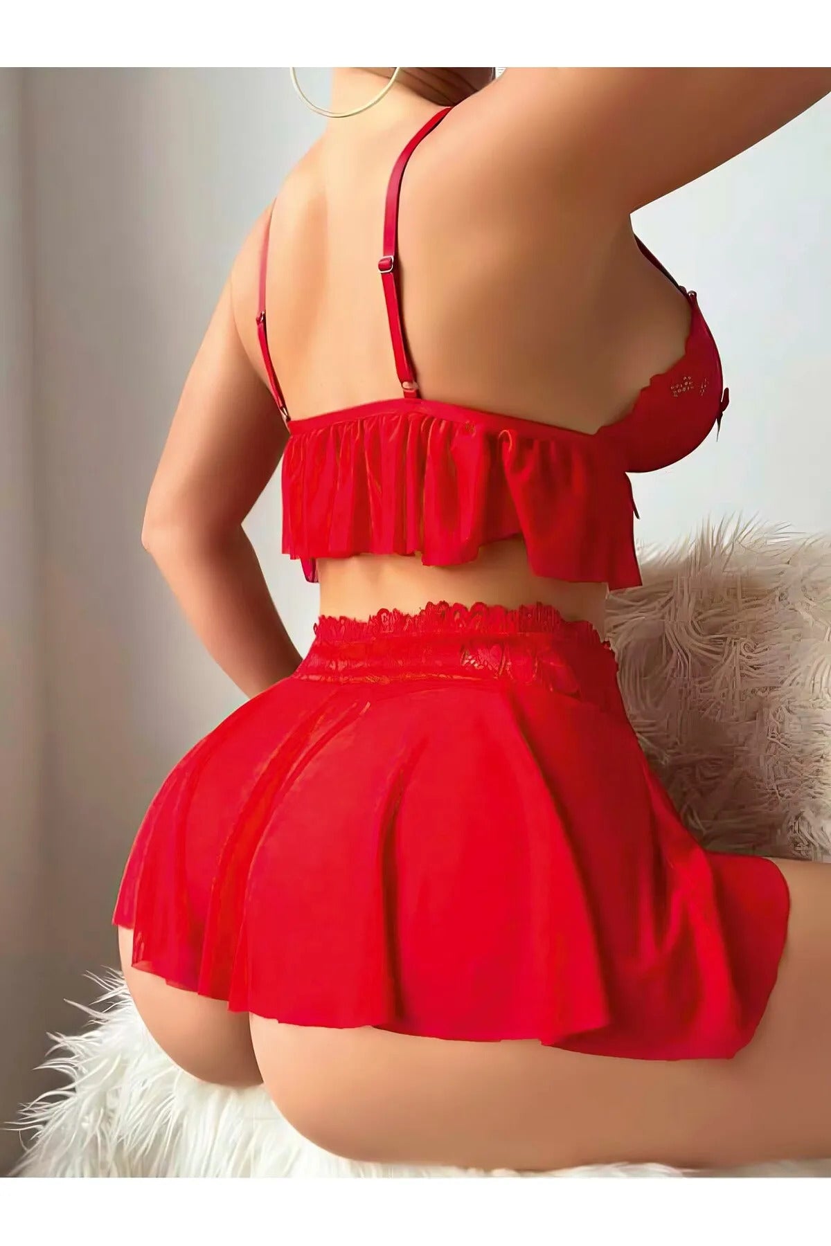 Fantazi Kostüm Kırmızı Tüllü Dantelli Fantezi Seksi Gecelik