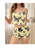 Kadın Sarı Kelebek Desenli Askılı Şortlu Ribana Pijama Takımı,Rahat ve Şık Ev Giyim,Kadın Pijama Sarı MAVİ SİYah