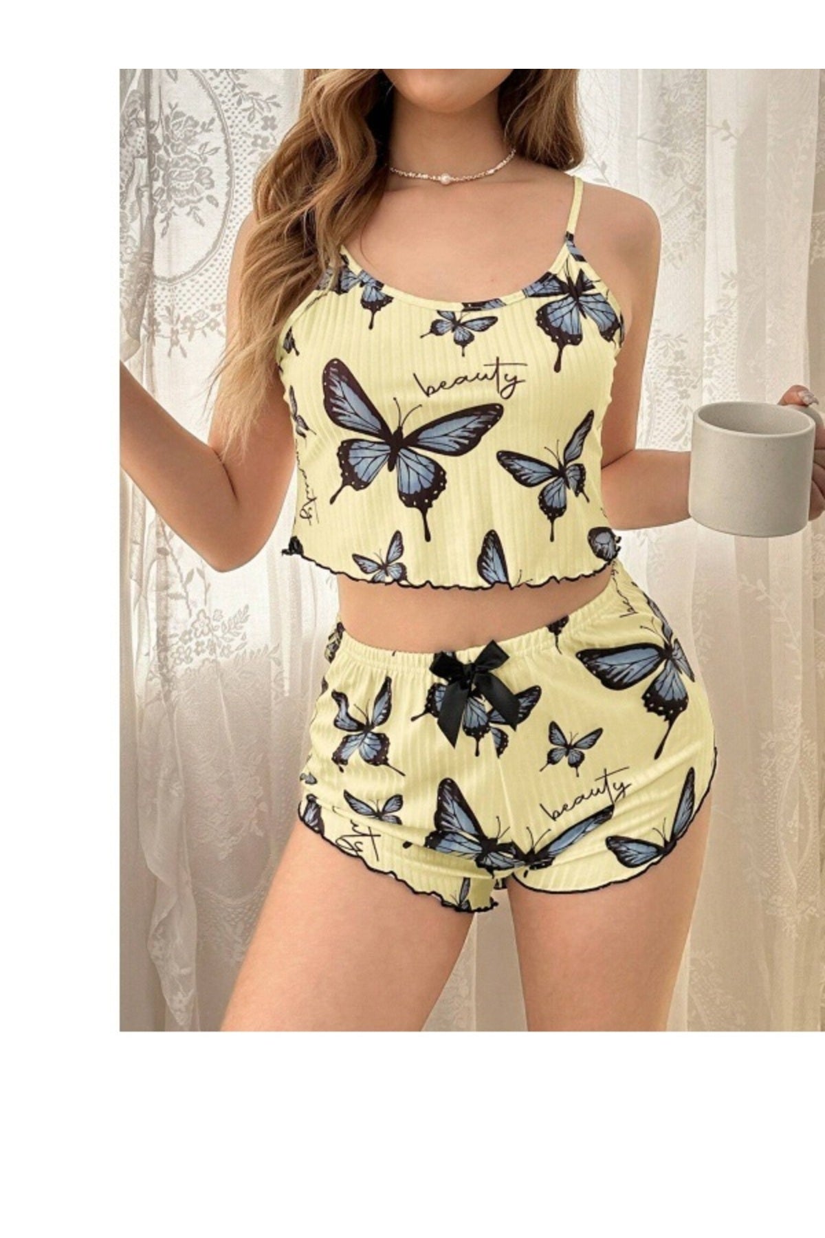 Kadın Sarı Kelebek Desenli Askılı Şortlu Ribana Pijama Takımı,Rahat ve Şık Ev Giyim,Kadın Pijama Sarı MAVİ SİYah