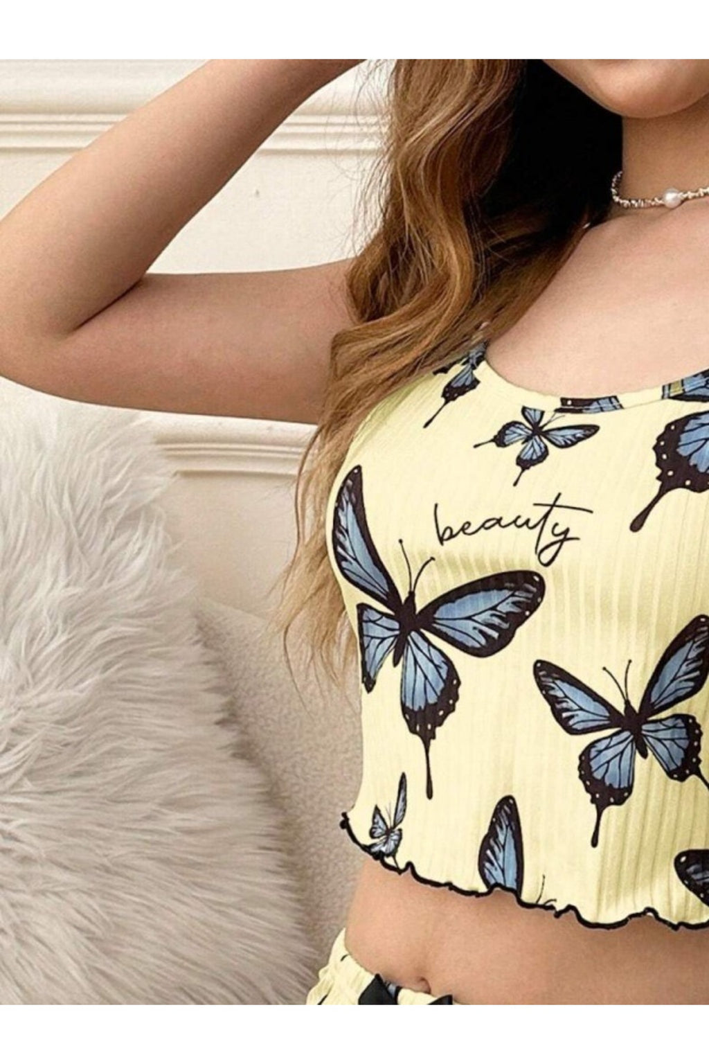 Kadın Sarı Kelebek Desenli Askılı Şortlu Ribana Pijama Takımı,Rahat ve Şık Ev Giyim,Kadın Pijama