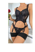 Siyah Sexy Kadın Dantelli Bodysuit Gecelik Takım Siyah