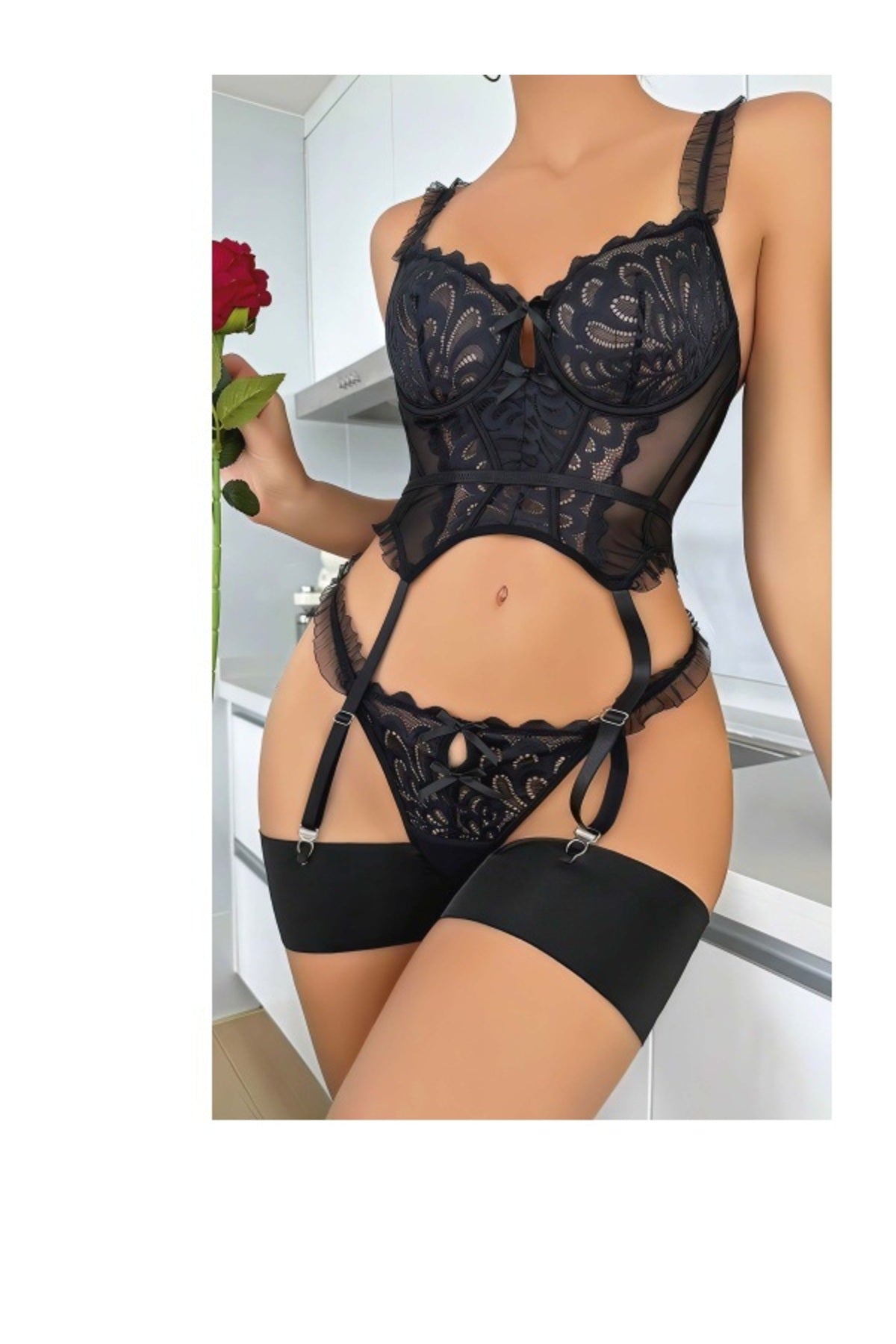 Siyah Sexy Kadın Dantelli Bodysuit Gecelik Takım Siyah