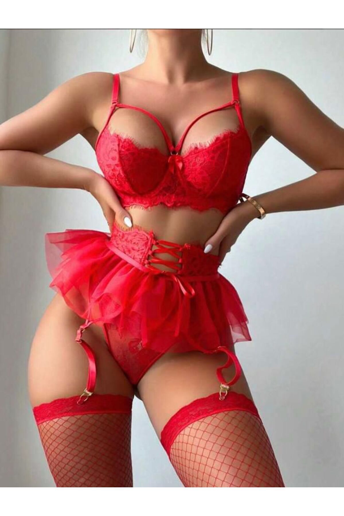 Sexy Pembe Dantelli Fantezi Jartiyer Pembe