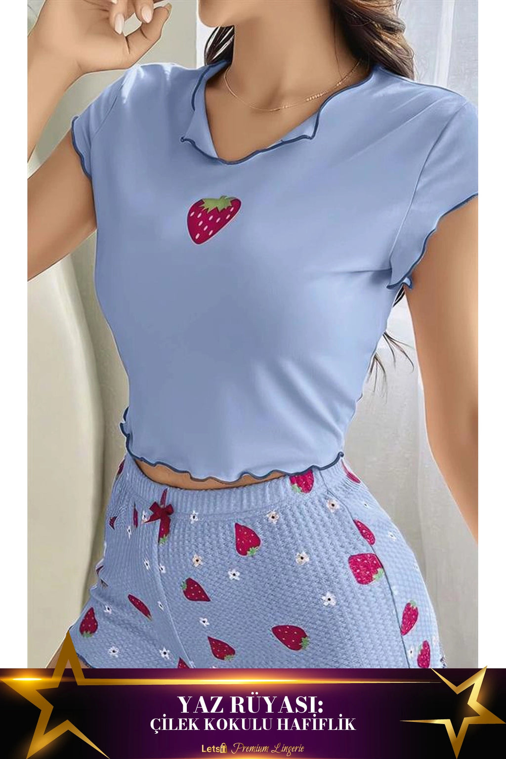 Çilek Desenli Şortlu Pijama Takımı Mavi Renk Mavi